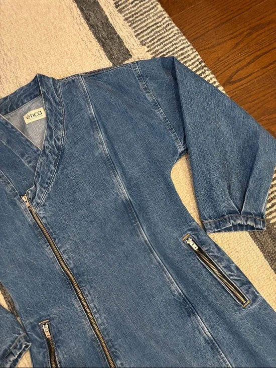 Etica Medium Blue Longline Asymmetric Denim Jacket NWOT - Picture 4 of 12